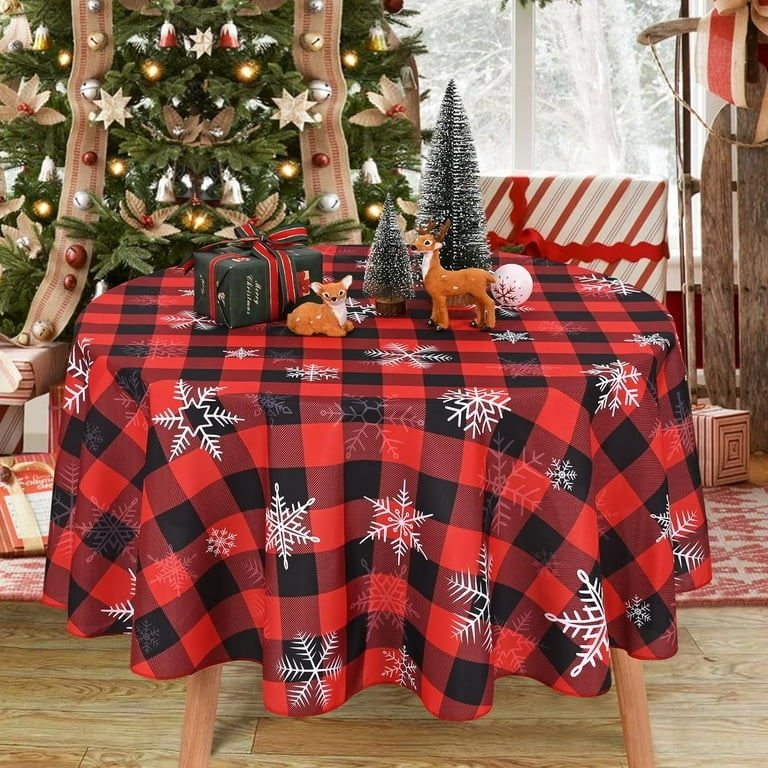 Round Tablecloth Buffalo Check Snowflake Motif Rustic