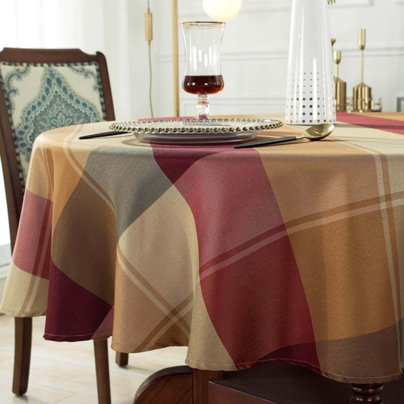 Round Tablecloth Burgundy Tan Checkered Pattern Rustic Plaid Autumn