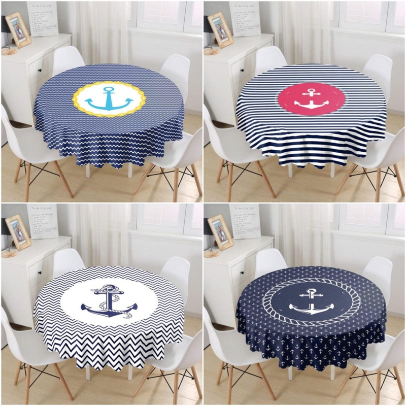 Round Tablecloth Central Anchor Graphic Navy, Maritime Themed Accents