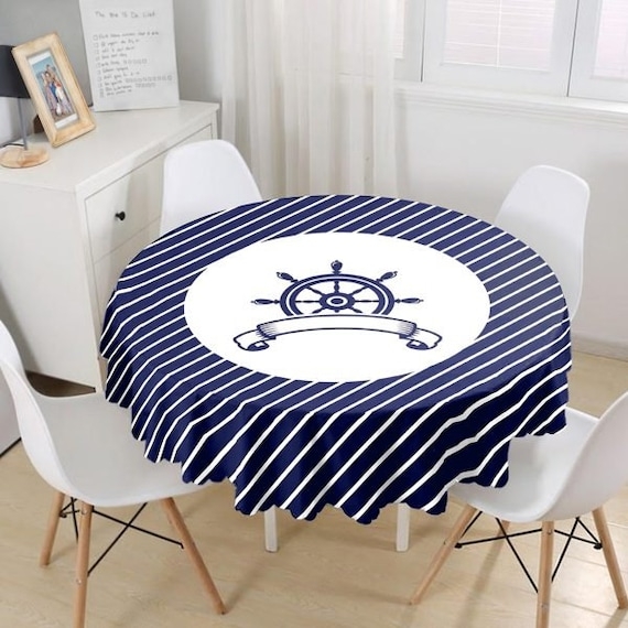 Round Tablecloth Central Wheel Emblem Striped, Nautical Navy Decor