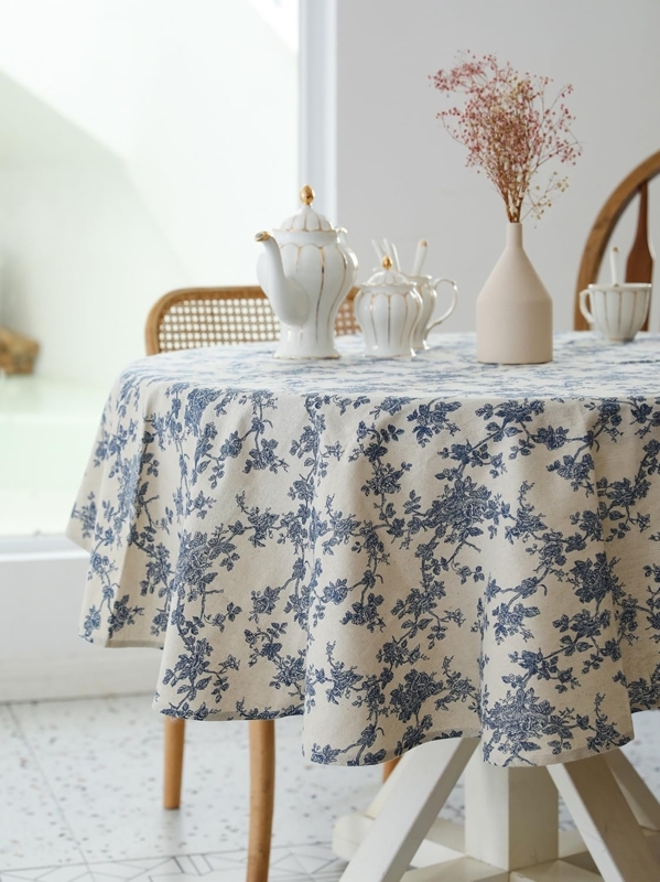 Round Tablecloth Cottagecore Blue Floral Toile Cream Fabric