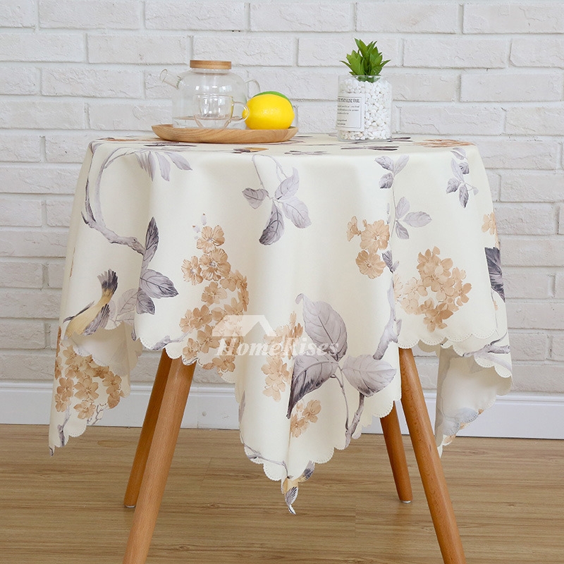Round Tablecloth Cream Botanical Bird Print Scalloped Edge Cottagecore