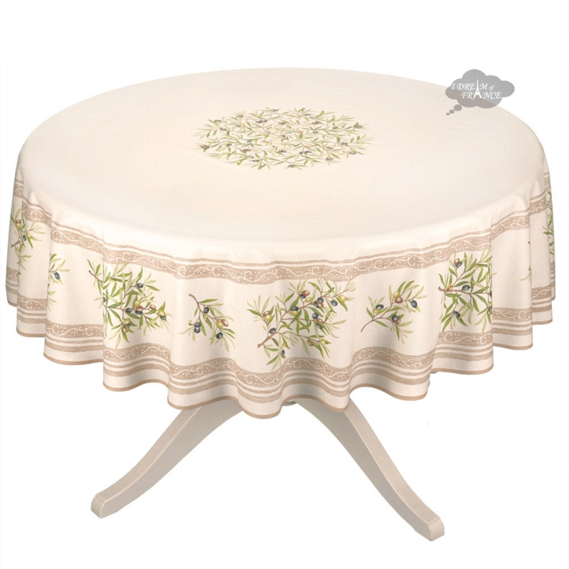 Round Tablecloth Cream Olive Branch Medallion Patterned Border French