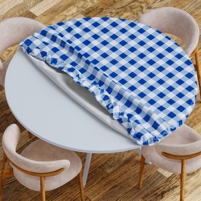 Round Tablecloth Elastic Hem Blue Gingham Checkered Farmhouse Style