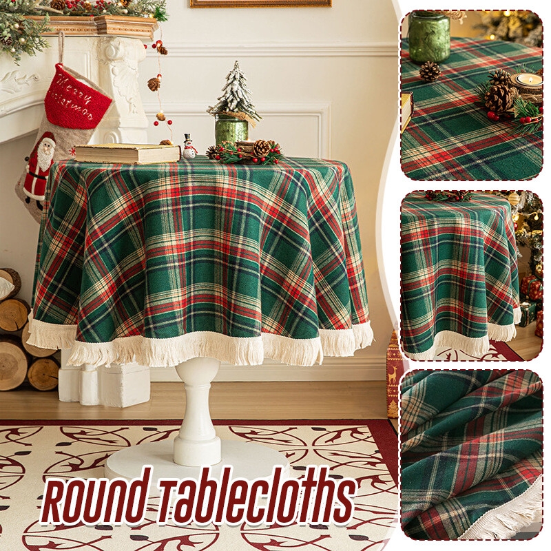 Round Tablecloth Fringe Trim Christmas Plaid Rustic