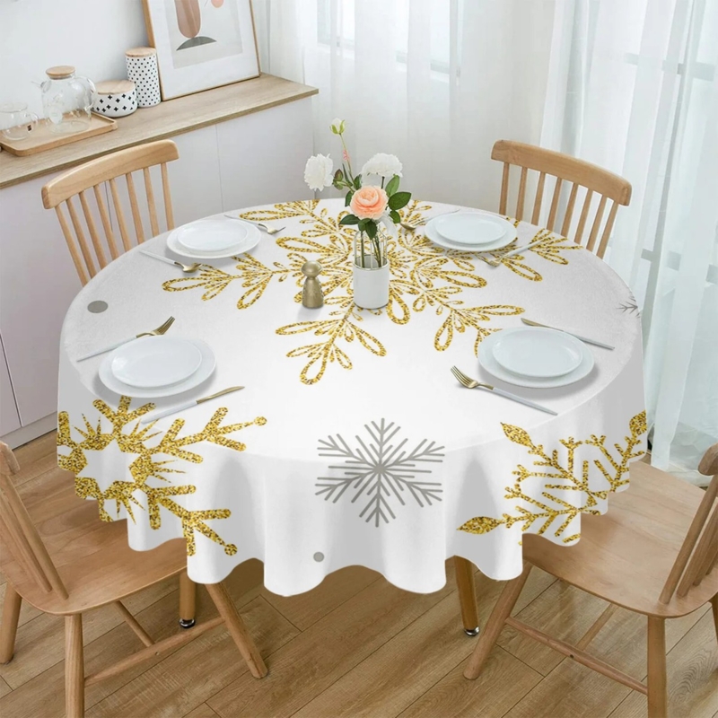 Round Tablecloth Gold Glitter Snowflake Festive Decor