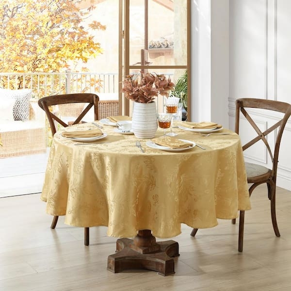 Round Tablecloth Gold Jacquard Woven Leaf Damask Satin Sheen Elegant