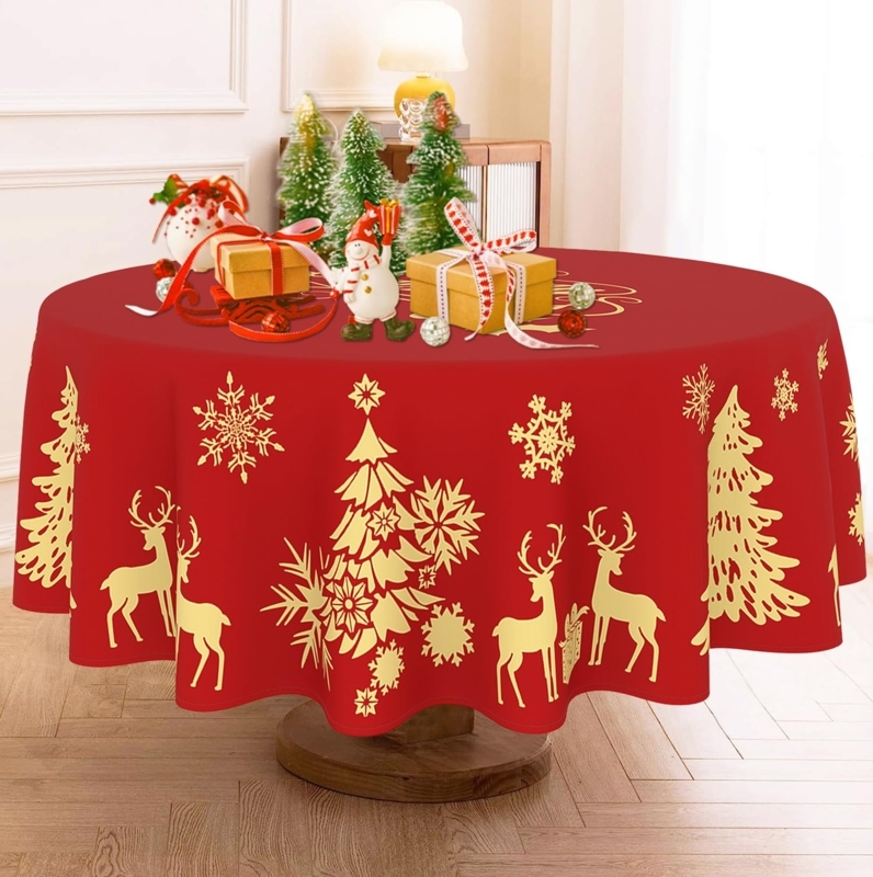 Round Tablecloth Gold Reindeer Print Festive Decor