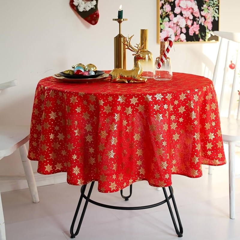 Round Tablecloth Gold Snowflake Pattern Metallic Print