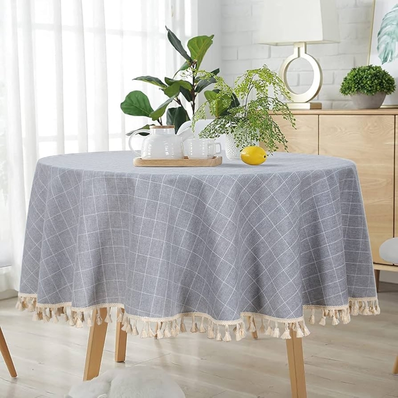 Round Tablecloth Grey White Grid Pattern Tassel Fringe Farmhouse Linens