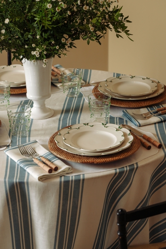 Round Tablecloth Harbour Blue White Stripes Linen Like Coastal Cottage