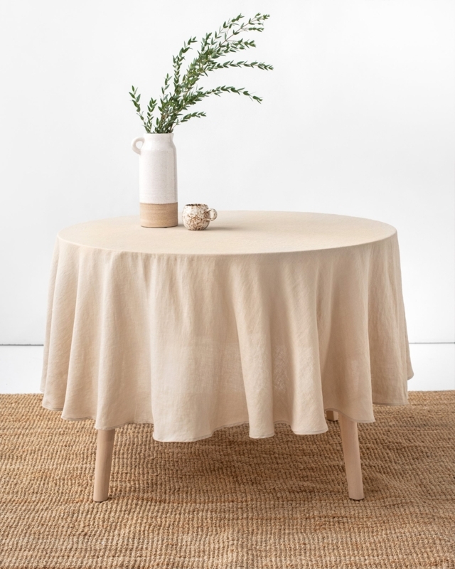 Round Tablecloth in Natural Linen Texture for Organic Modern Dining