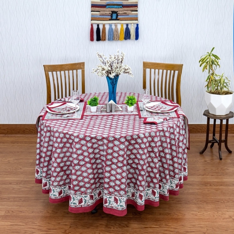 Round Tablecloth Maroon White Block Print, Bohemian Dining Linens