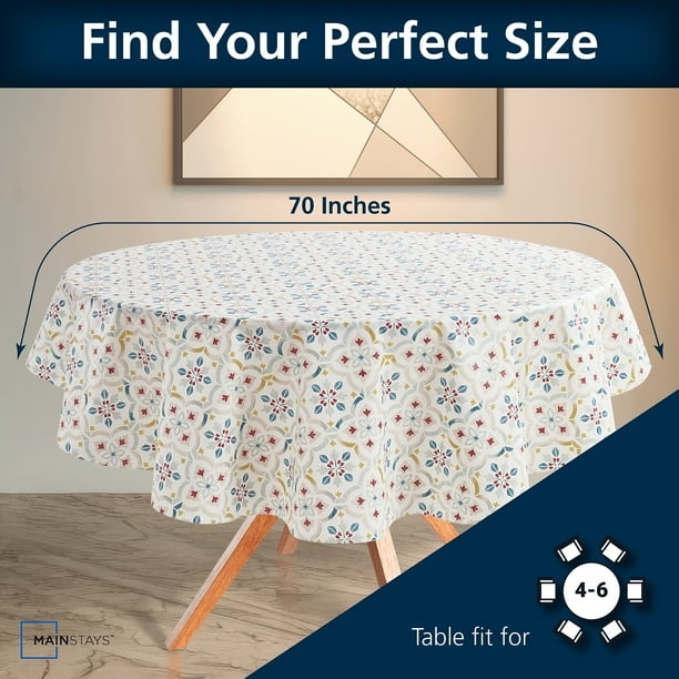 Round Tablecloth Mediterranean Tile Print Geometric Navy Burgundy PEVA