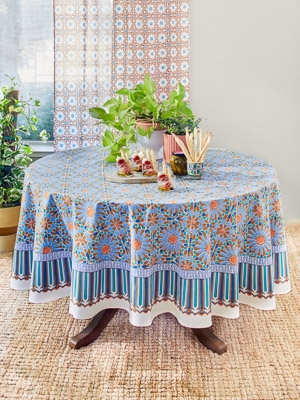 Round Tablecloth Moroccan Blue Floral Star Border Orange Print