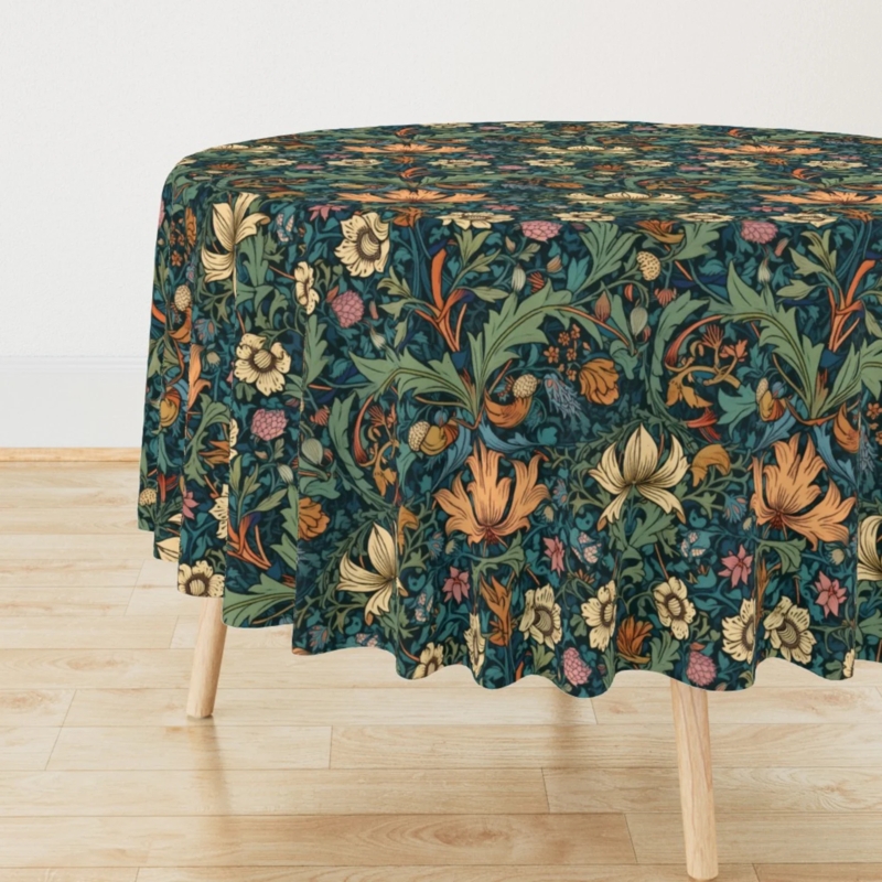 Round Tablecloth Navy Botanical Print Arts Crafts Floral Orange