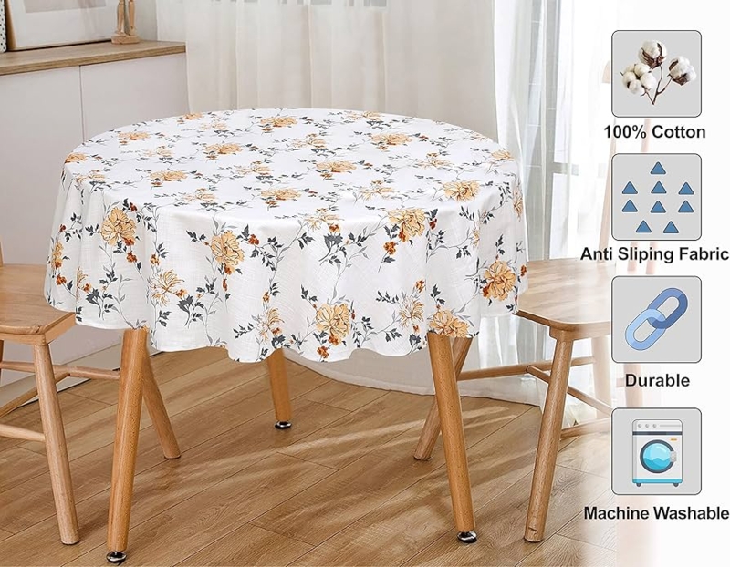 Round Tablecloth Orange Floral Print Cotton Botanical Linen Cottage