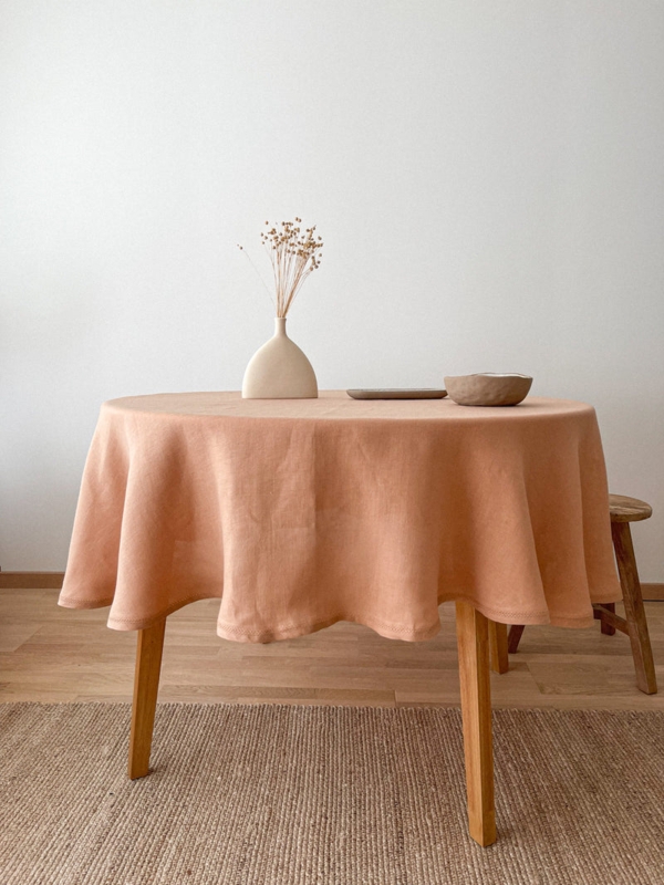 Round Tablecloth Peach Linen Hemstitch Border Organic Modern