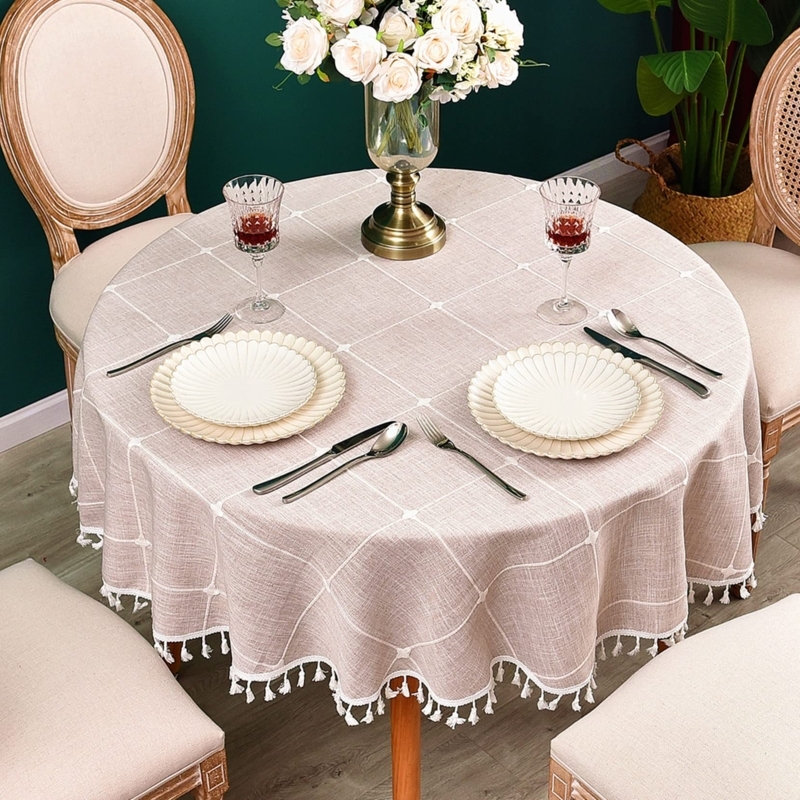 Round Tablecloth Plaid Pattern Tassel Fringe Farmhouse Style
