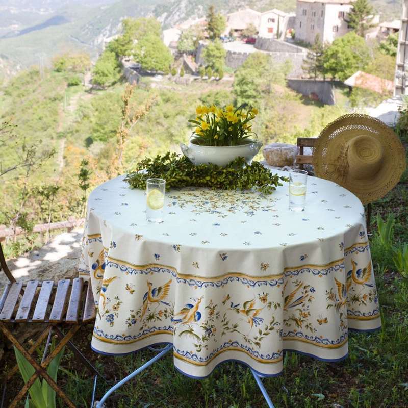 Round Tablecloth Provencal Bird Motif Blue Yellow Coated Cotton