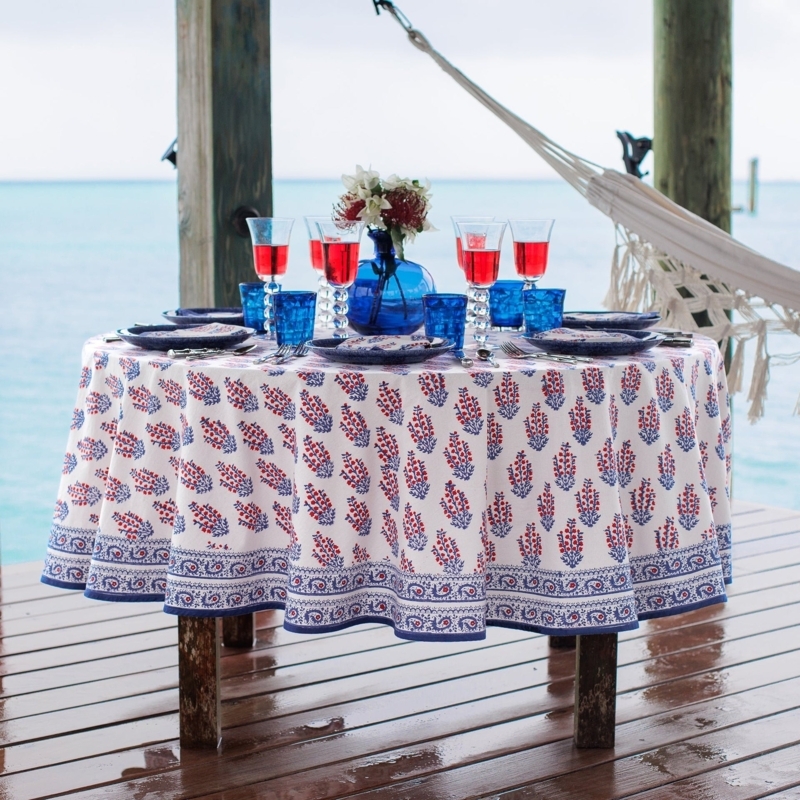 Round Tablecloth Red Blue Block Print Floral Coastal Outdoor Dining