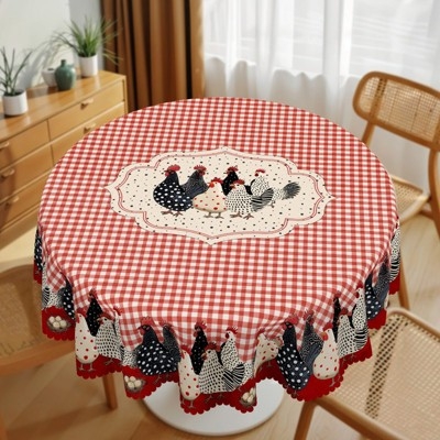 Round Tablecloth Red Gingham Rooster Motif Scalloped Edge Country