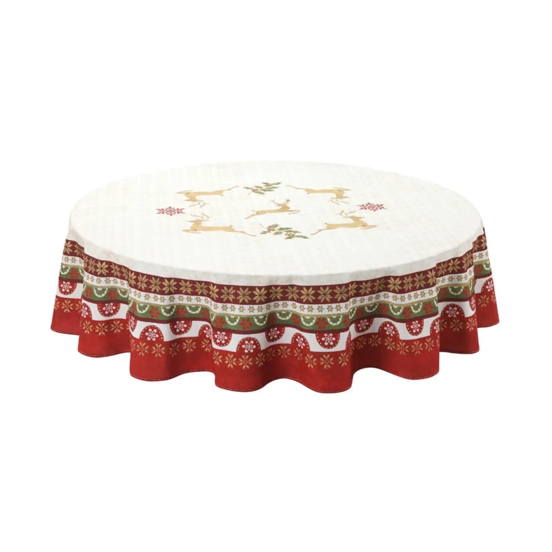 Round Tablecloth Reindeer Motif Tiered Border Traditional