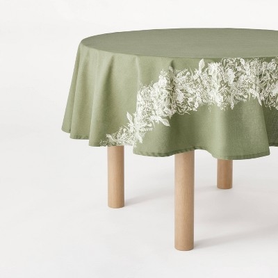 Round Tablecloth Sage Green Floral Border Botanical Print Farmhouse