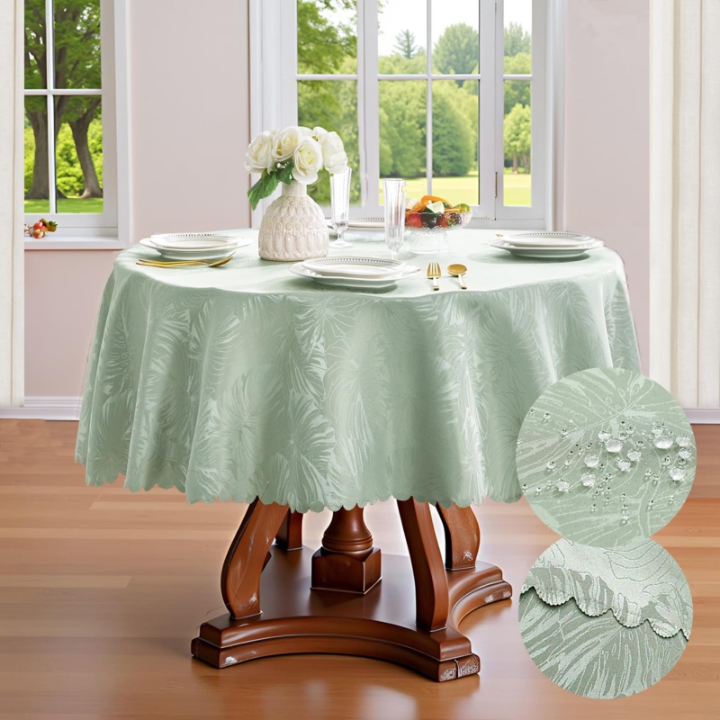 Round Tablecloth Sage Green Leaf Pattern Scalloped Edge Botanical