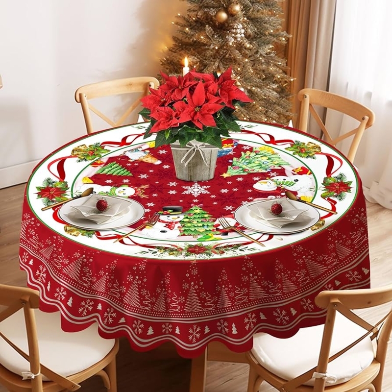 Round Tablecloth Scalloped Edge Snowman Festive Dining