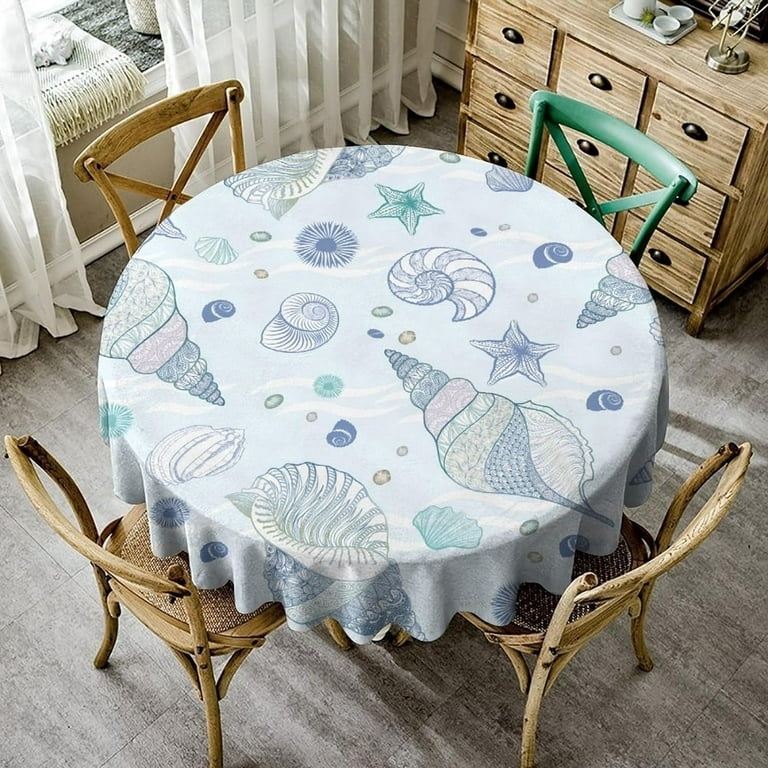 Round Tablecloth Seashell Print Draped Hem, Coastal Dining Room Decor