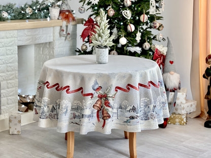 Round Tablecloth Silver Thread Shimmer Winter Village