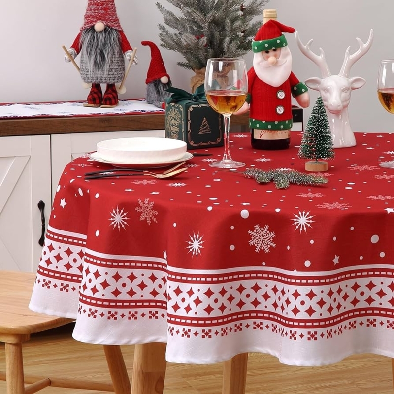 Round Tablecloth Snowflake Motif Geometric Hem Festive