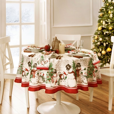 Round Tablecloth Snowman Design Banded Edge Festive