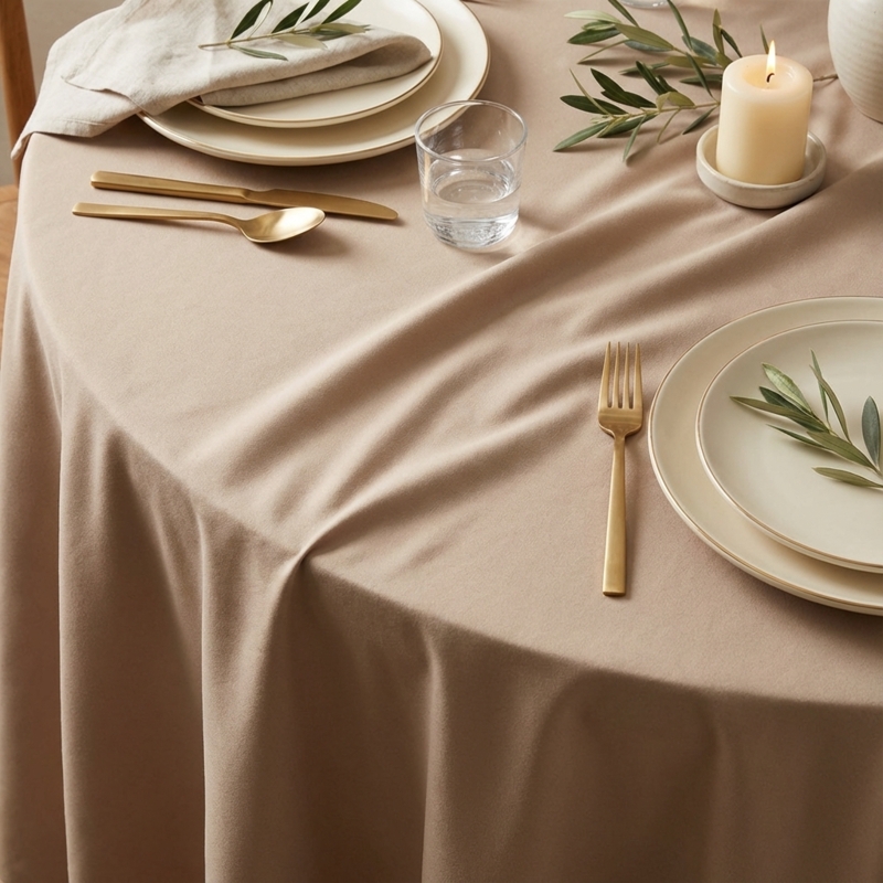 Round Tablecloth Taupe Poplin Smooth Texture Organic Modern