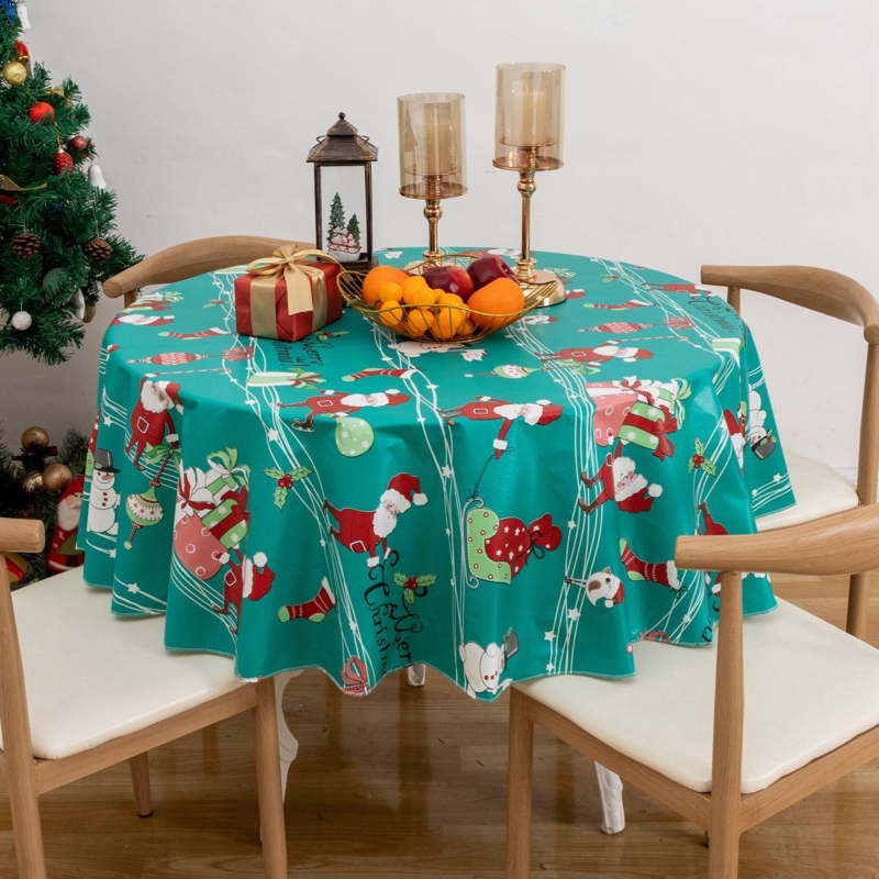 Round Tablecloth Teal Holiday Pattern Waterproof Vinyl