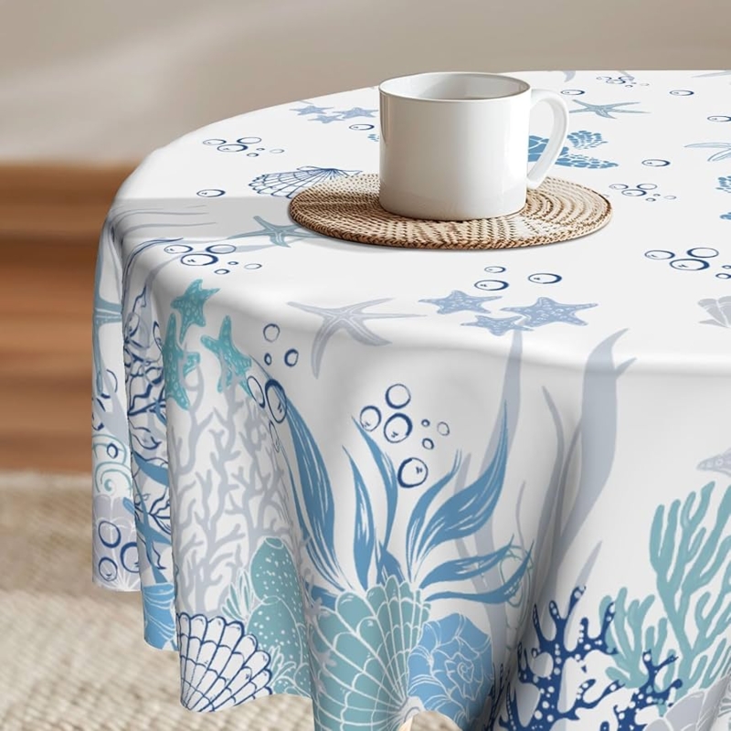Round Tablecloth Underwater Sea Life Print, Blue And White Coastal Linens