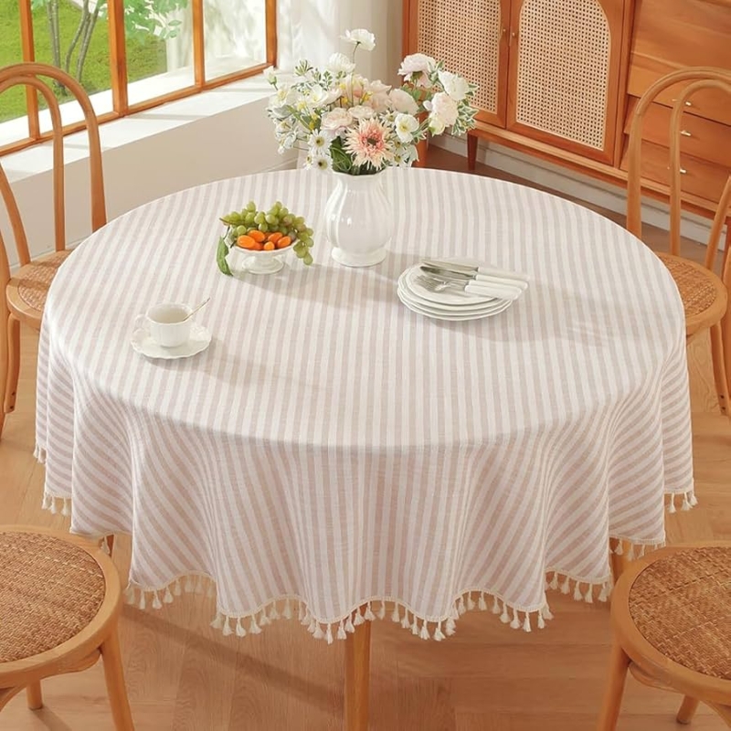 Round Tablecloth Vertical Stripes Tassel Fringe Boho Chic Dining