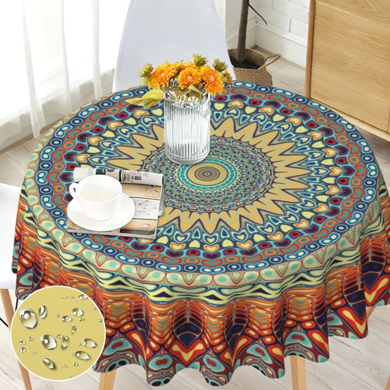 Round Tablecloth, Vibrant Mandala Pattern, Water Repellent Boho Decor