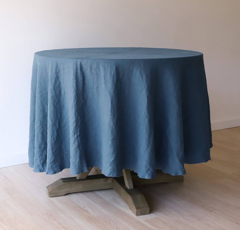 Round Tablecloth Vintage Blue Linen Rustic Textured Floor Length
