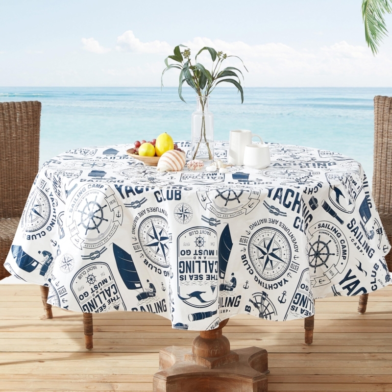 Round Tablecloth Vinyl Like Nautical Print, Coastal Outdoor Dining Setup