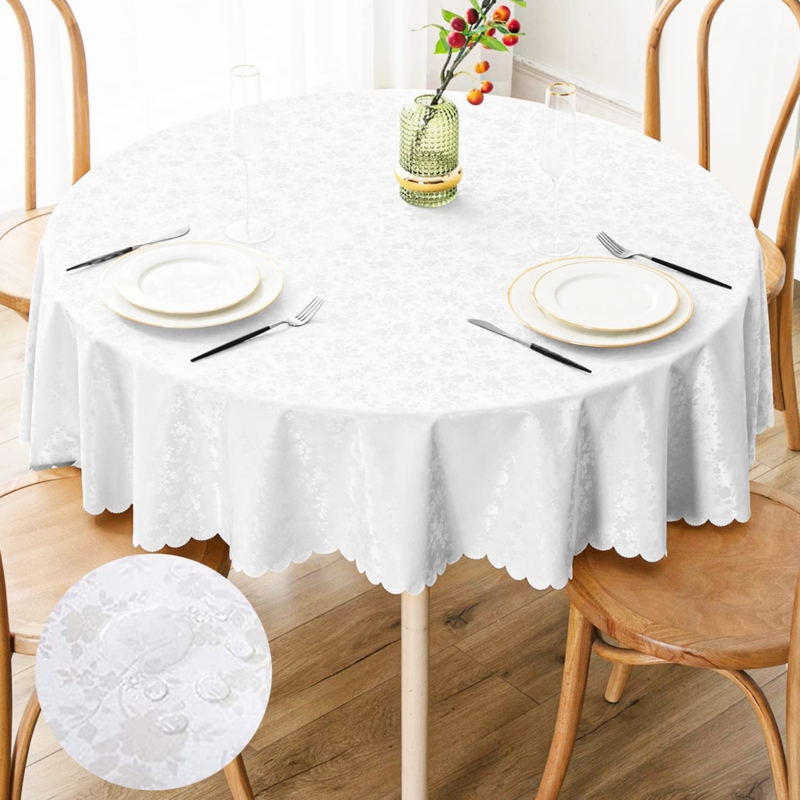 Round Tablecloth White Scalloped Edge Waterproof Vinyl Floral Wipeable