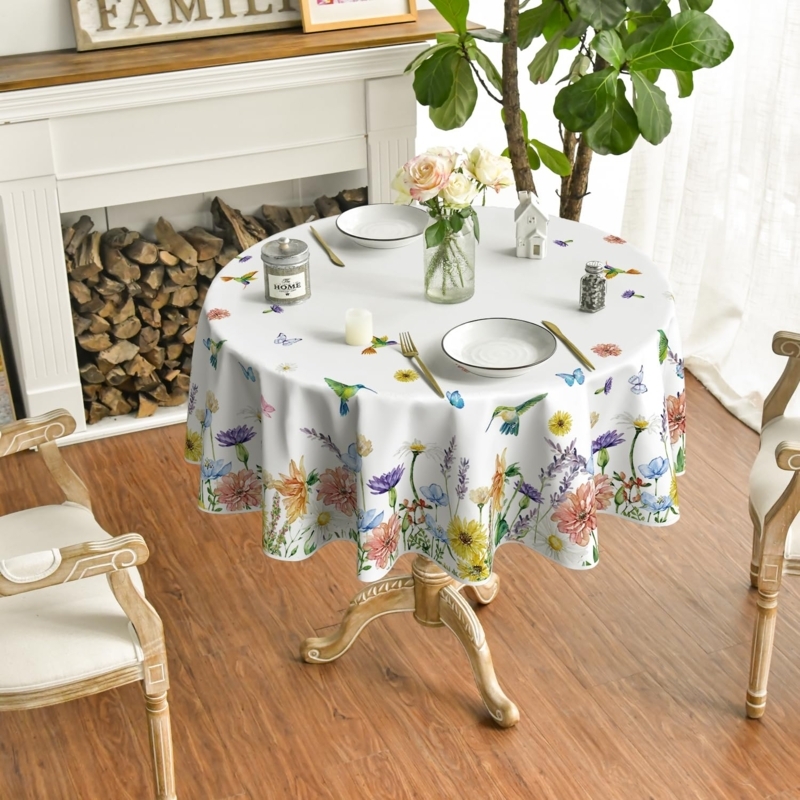 Round Tablecloth Wildflower Border Hummingbird Motif Spring Floral