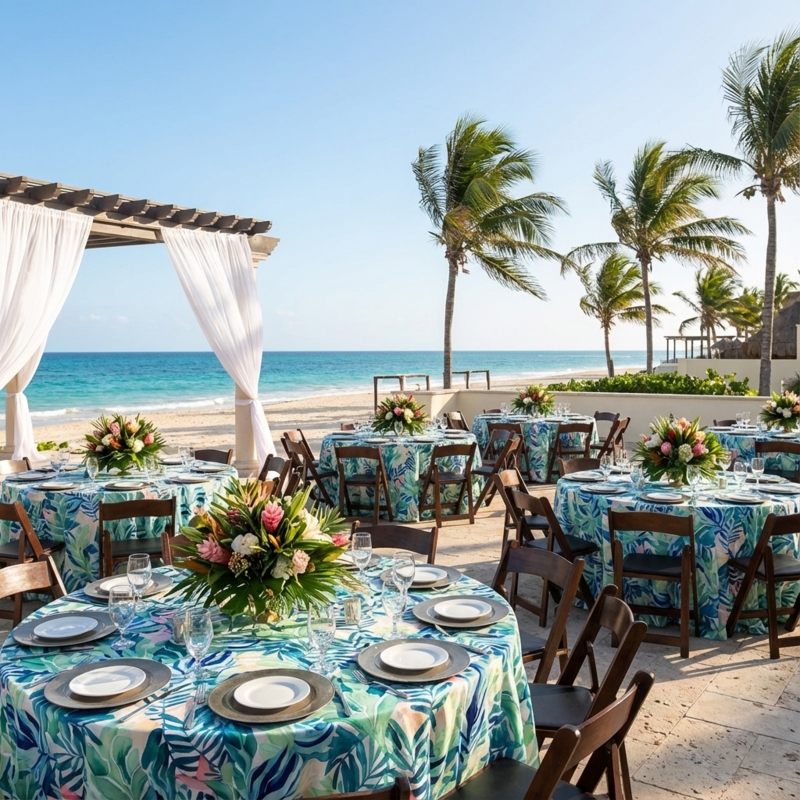 Round Tablecloth with Turquoise Tropical Leaf Print