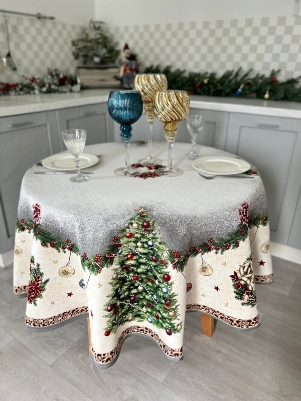 Round Tapestry Tablecloth Shimmering Silver Tree Print