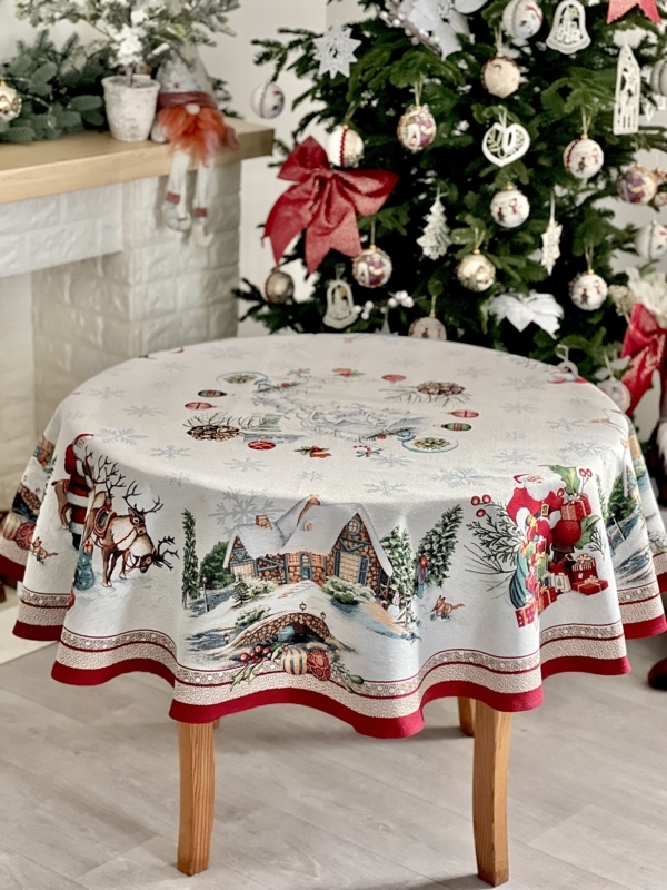 Round Tapestry Tablecloth Winter Scene Red Border