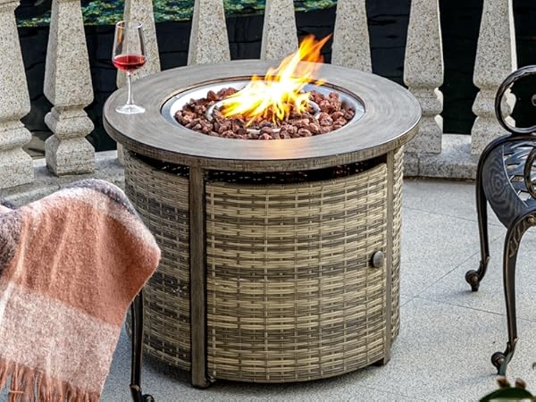 Round Wicker Fire Pit Table with Stone Top and Woven Base