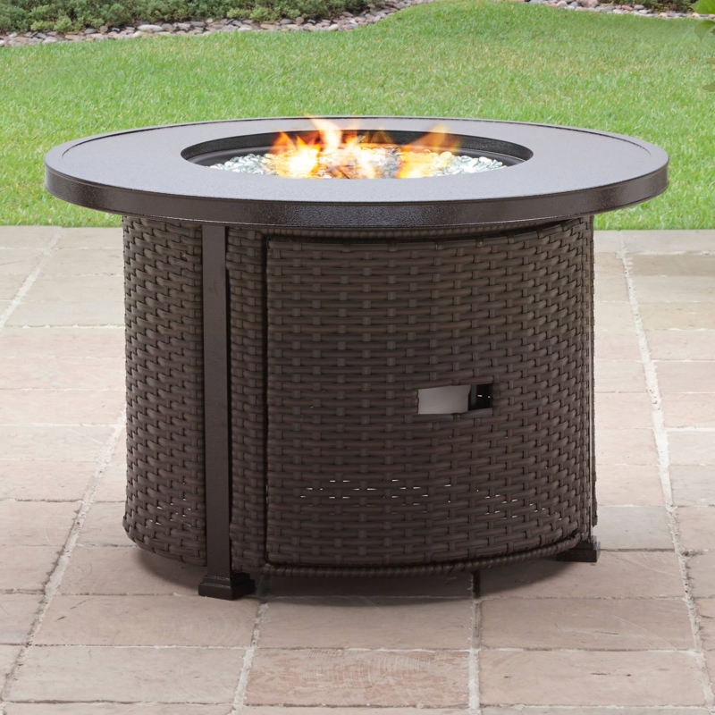 Round Wicker Gas Fire Pit Table Dark Brown Woven Base