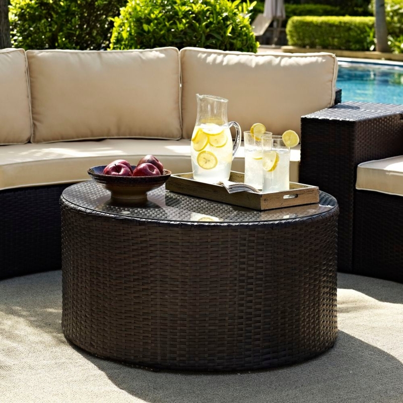 Round Wicker Outdoor Coffee Table Glass Top Dark Brown