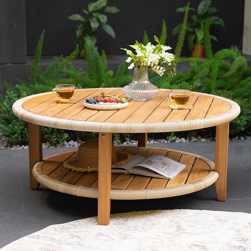 Round Wood Outdoor Coffee Table Woven Trim Two-Tier